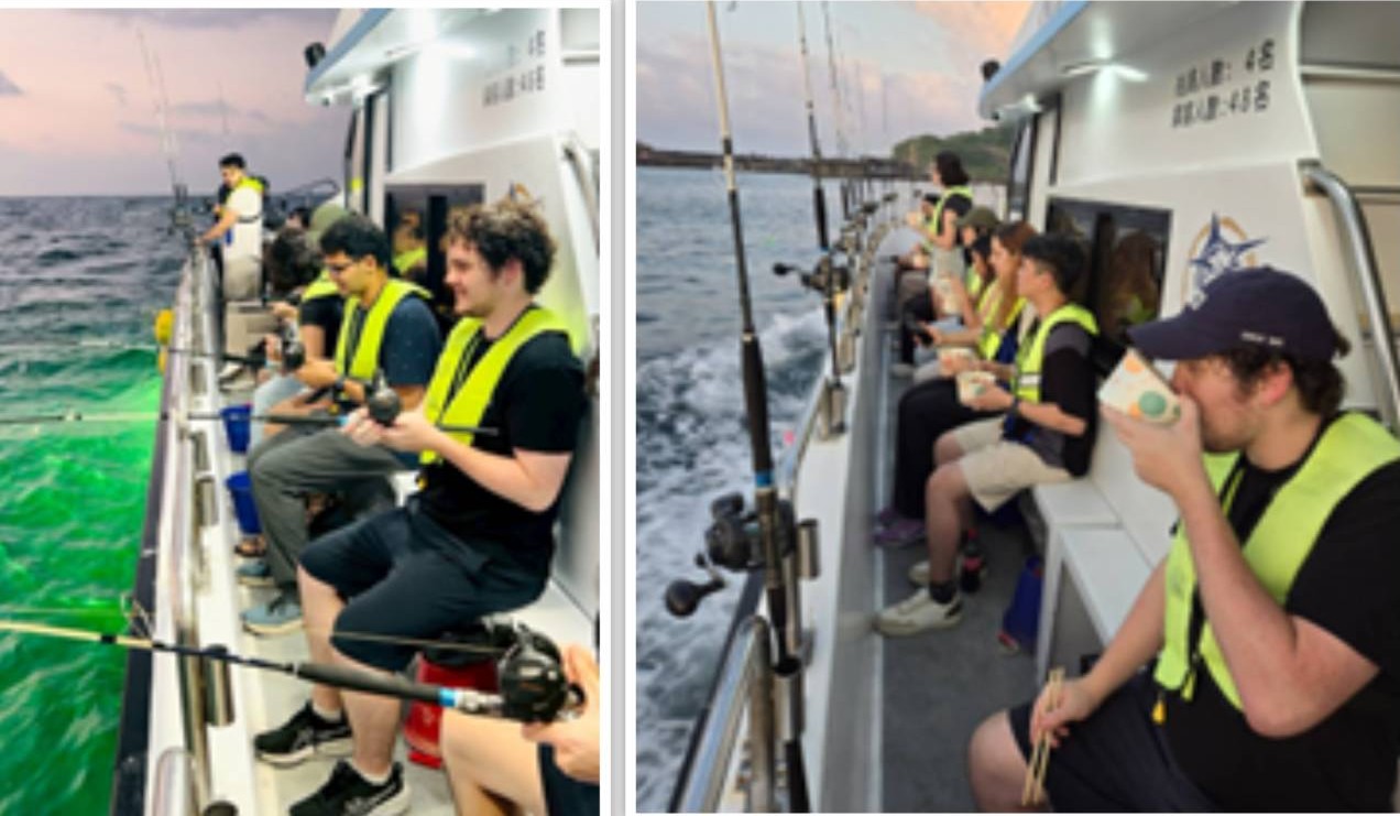 Enjoying dinner while fishing at sea.